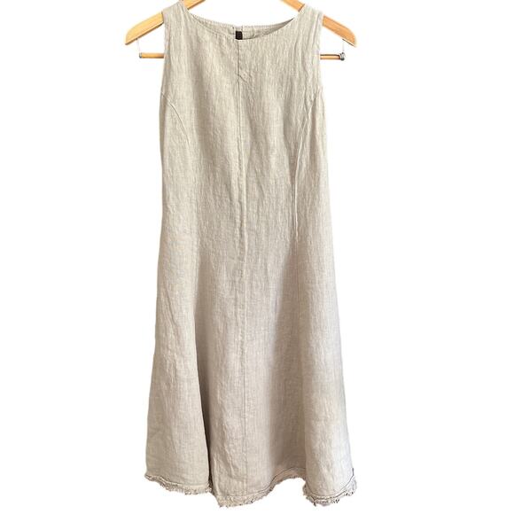 COSMO | Natural Linen Raw Hem High Neck Swing Dress Lagenlook | Size Extra Small - Picture 2 of 6